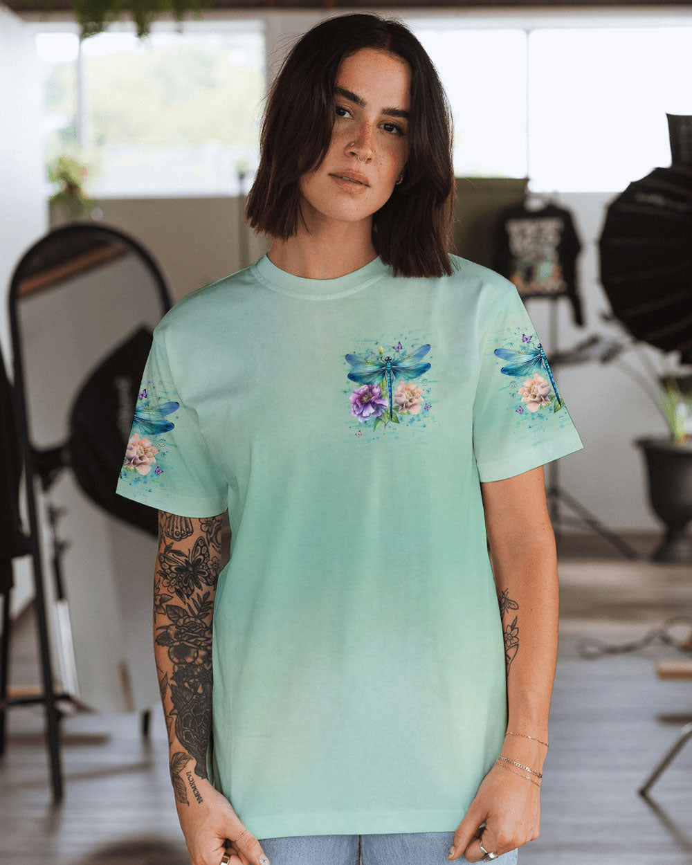 Just Breathe Everything Is Going to Be Okay Dragonfly and Flowers AOP Shirts _4_ C8kMF
