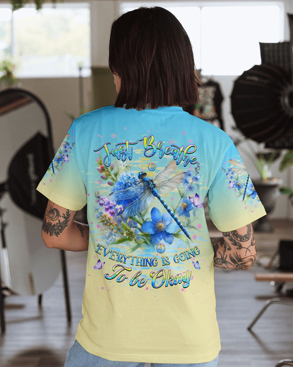 Just Breathe Everything Is Going to Be Okay Dragonfly and Flowers Motivational AOP Shirts _1_ ZIAJp