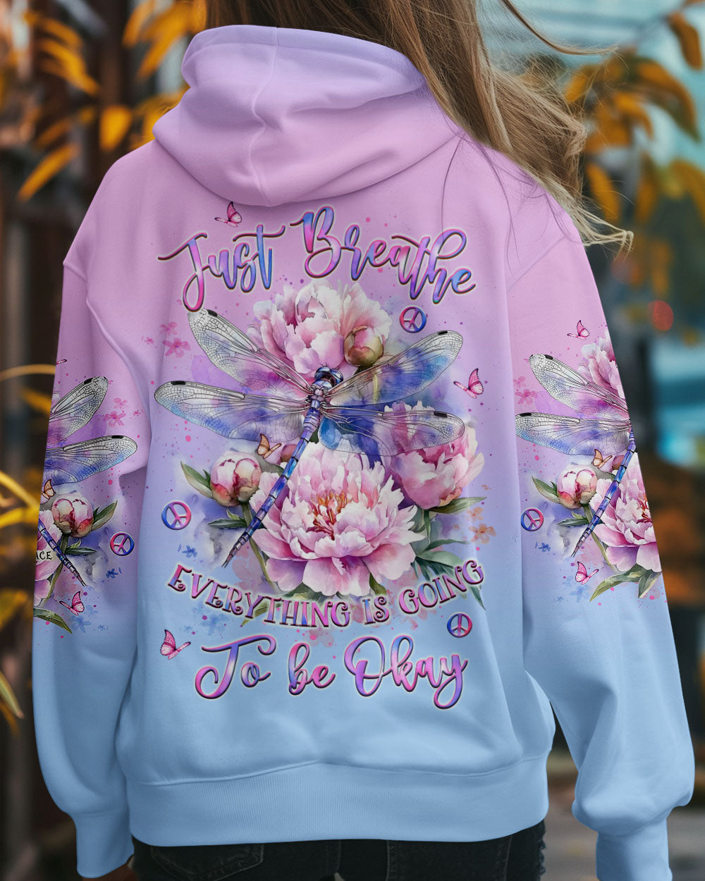 Just Breathe Everything Is Going to Be Okay Dragonfly and Peony Floral AOP Shirts _12_ pcLbQ