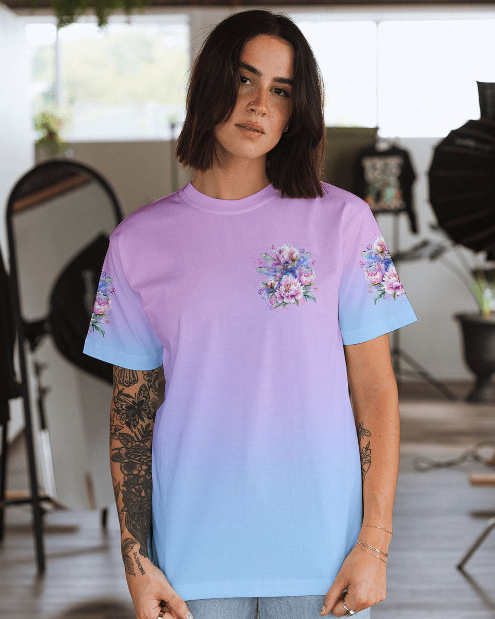 Just Breathe Everything Is Going to Be Okay Dragonfly and Peony Floral AOP Shirts _14_ edyUC