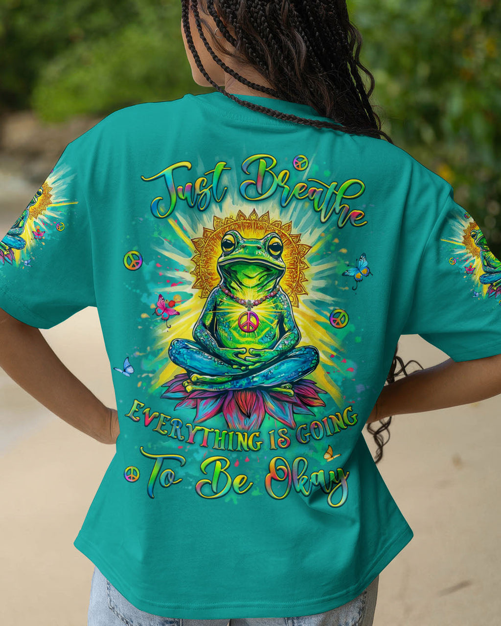 Just Breathe Everything Is Going to Be Okay Funny Meditation Frog Lotus AOP Shirts _1_ gIalB