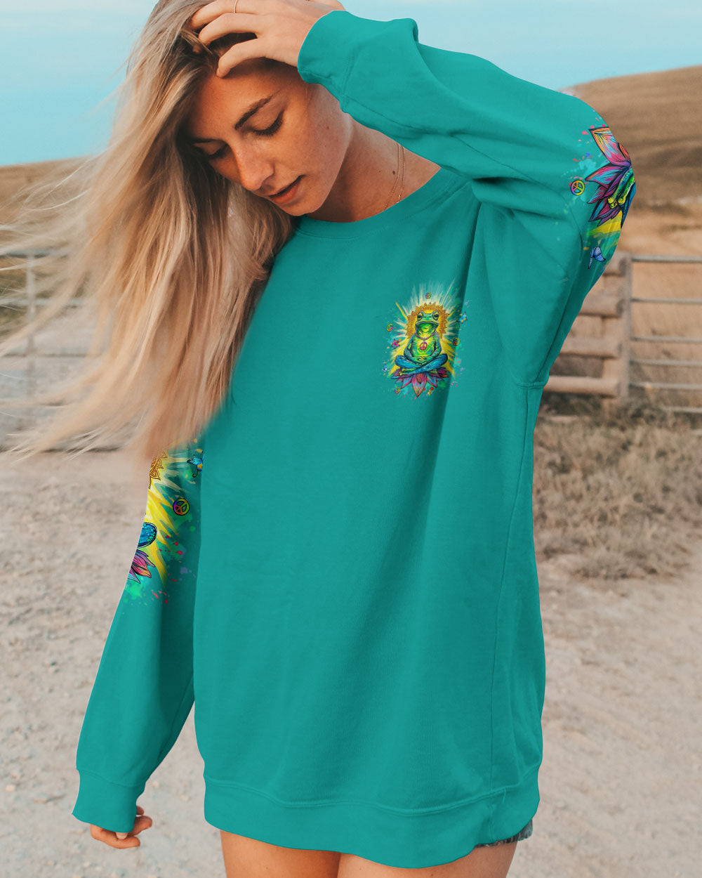 Just Breathe Everything Is Going to Be Okay Funny Meditation Frog Lotus AOP Shirts _8_ oBGdC