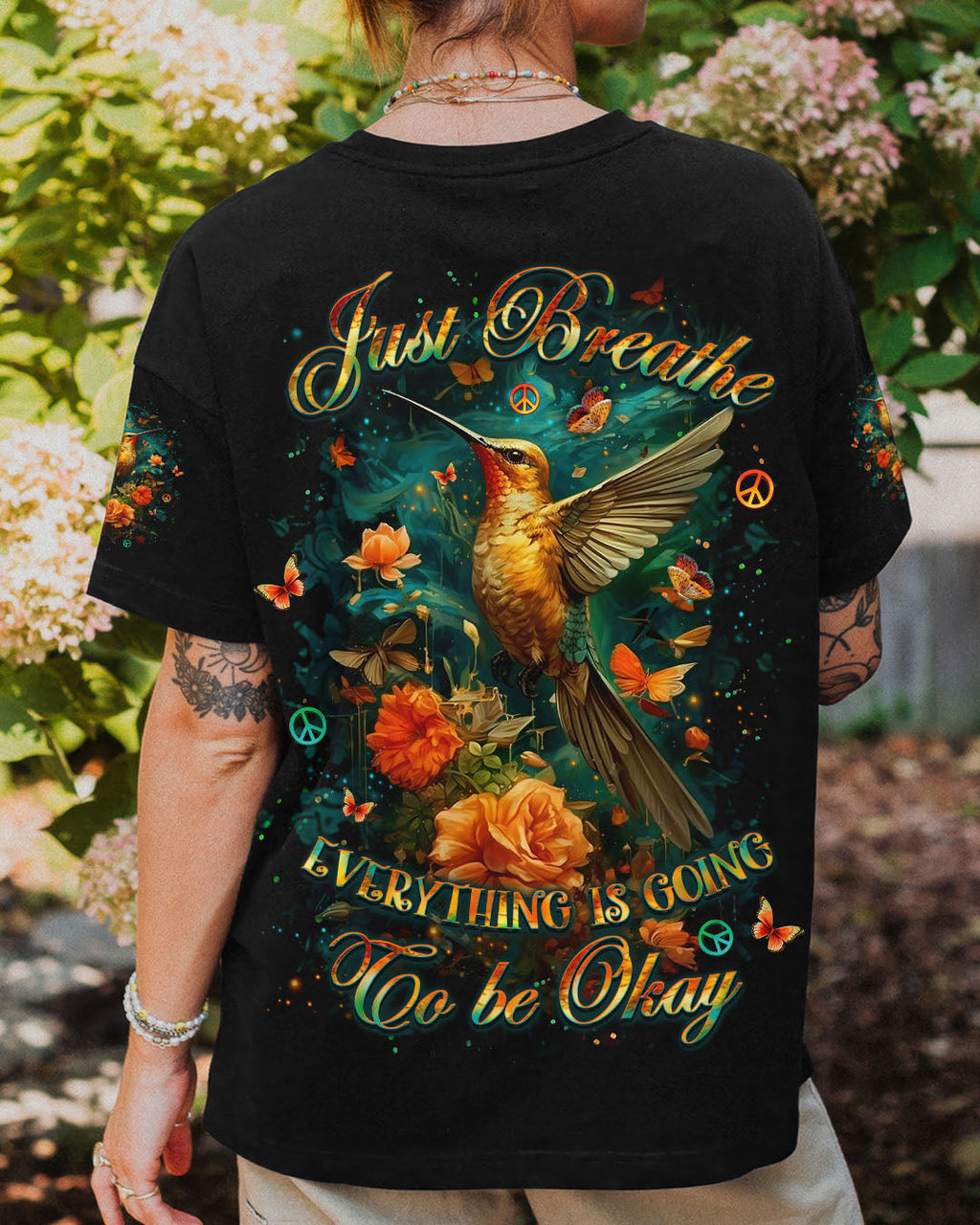 Just Breathe Everything Is Going to Be Okay Hummingbird Floral Graphic AOP Shirts _1_ tCZoG