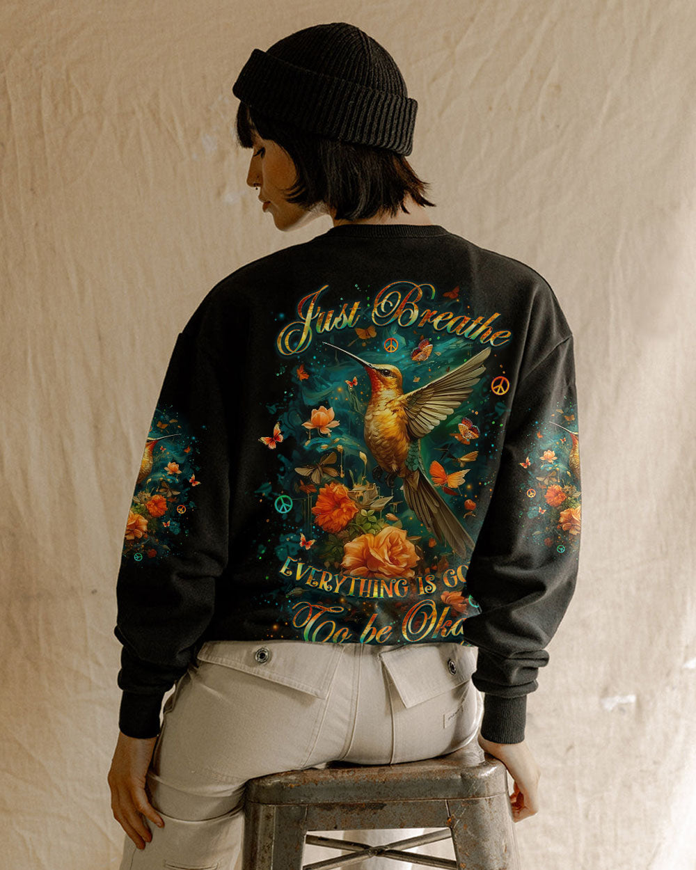 Just Breathe Everything Is Going to Be Okay Hummingbird Floral Graphic AOP Shirts _9_ M6U3C