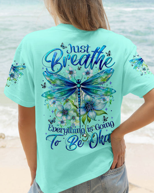 Just Breathe Everything Is Going to Be Okay Inspirational Dragonfly Floral AOP Shirts _1_ ZagoR