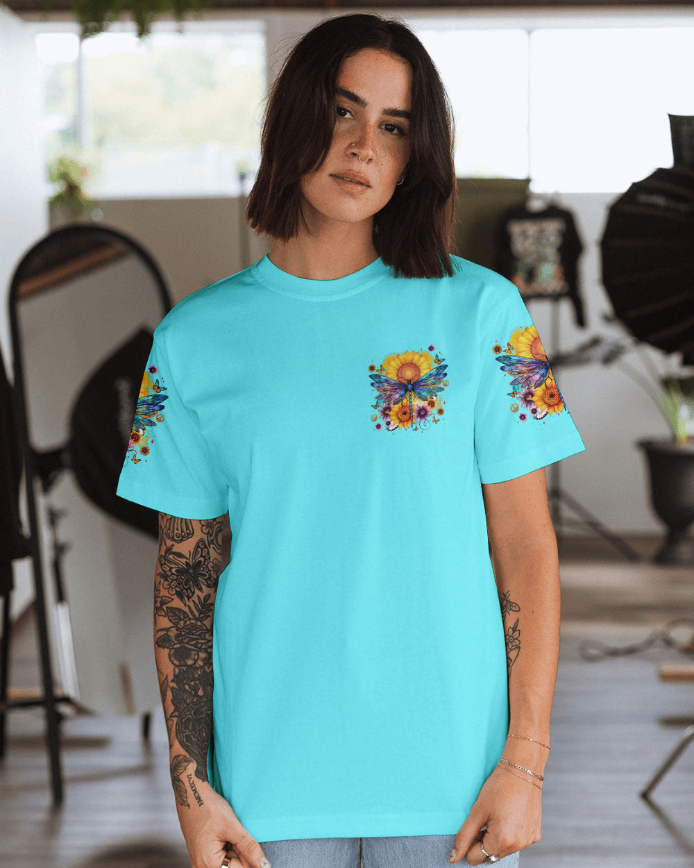 Just Breathe Everything Is Going to Be Okay Inspirational Sunflower and Dragonfly AOP Shirts _3_ JG6fJ