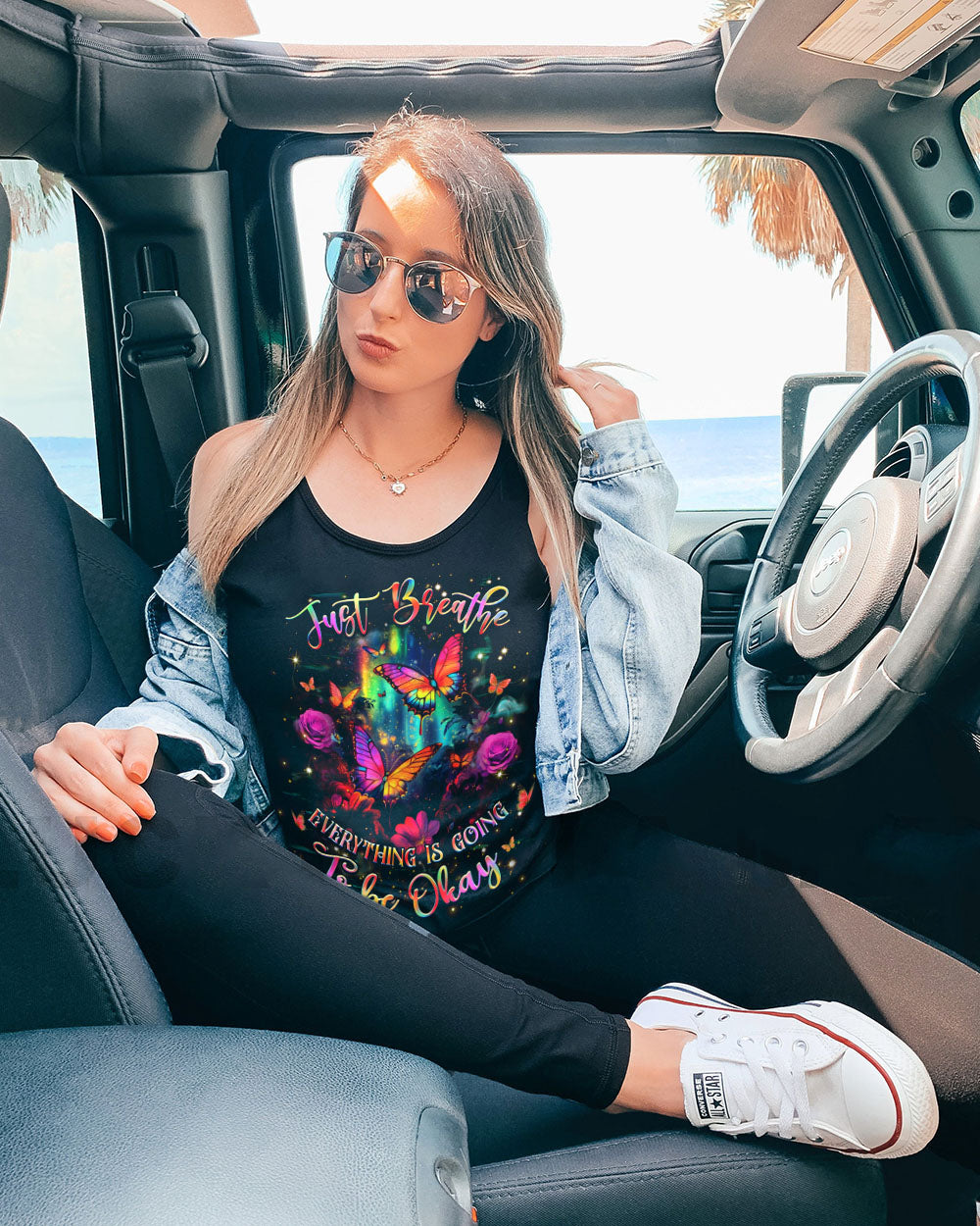 Just Breathe Everything Is Going to Be Okay Motivational Butterfly Floral Quote AOP Shirt _10_ AEZ3M