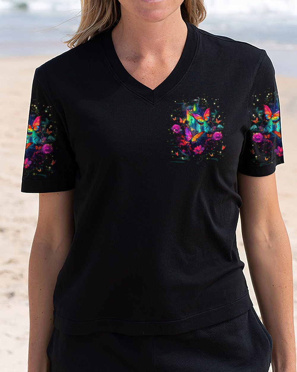 Just Breathe Everything Is Going to Be Okay Motivational Butterfly Floral Quote AOP Shirt _3_ x5Fu8