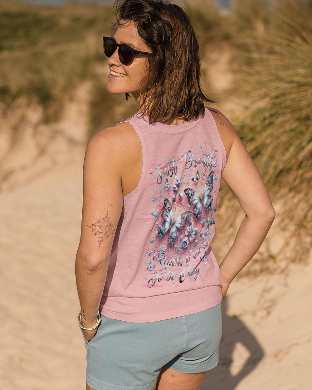Just Breathe Everything Is Going to Be Okay Pink Butterfly Graphic AOP Shirts _12_ Xy7ZP