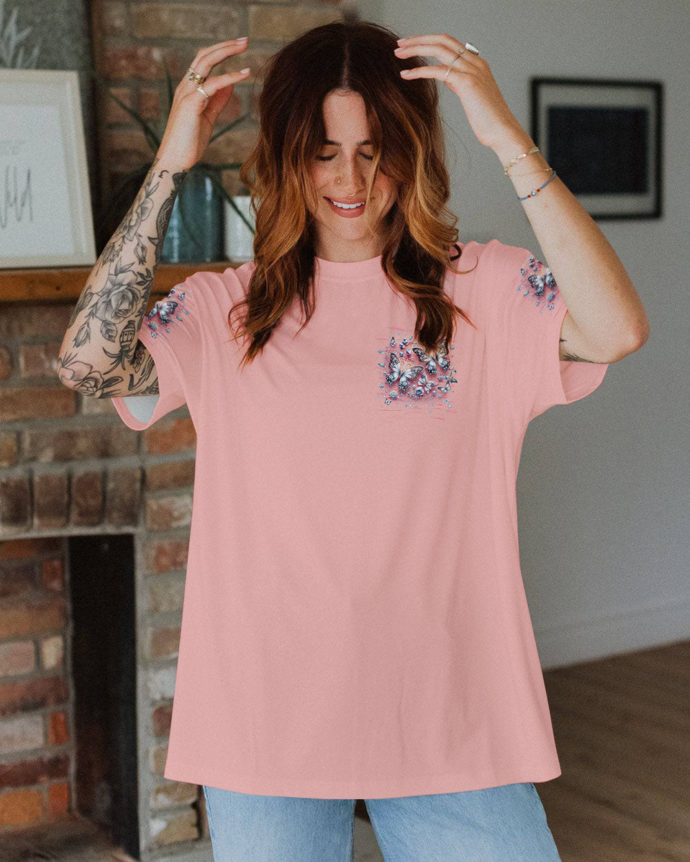 Just Breathe Everything Is Going to Be Okay Pink Butterfly Graphic AOP Shirts _2_ LArbJ