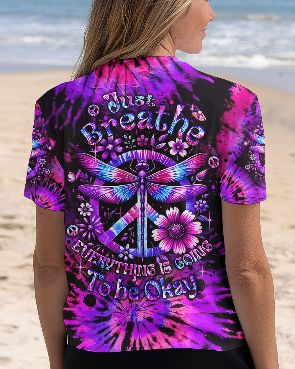 Just Breathe Everything Is Going to Be Okay Purple Dragonfly Tie Dye Hippie Graphic AOP Shirts _1_ A5gGn