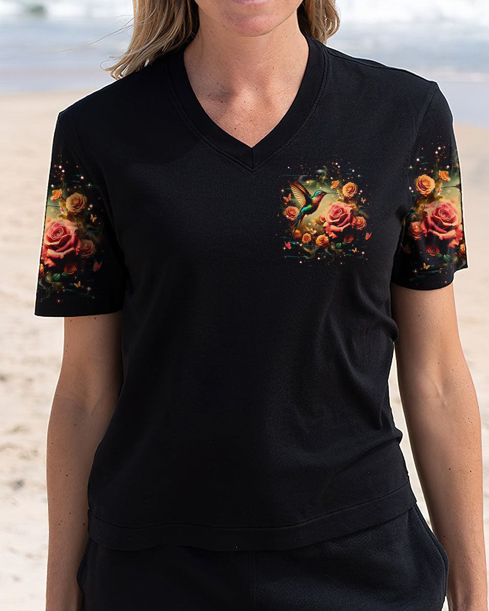 Just Breathe Everything Is Going to Be Okay Rose and Hummingbird Graphic AOP Shirts _4_ Rq4Wl