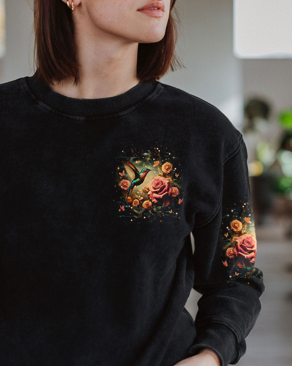 Just Breathe Everything Is Going to Be Okay Rose and Hummingbird Graphic AOP Shirts _8_ CTdHO