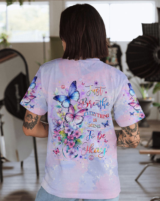 Just Breathe Everything is Going to Be Okay Butterflies and Flowers AOP Shirts _10_ FWxzl