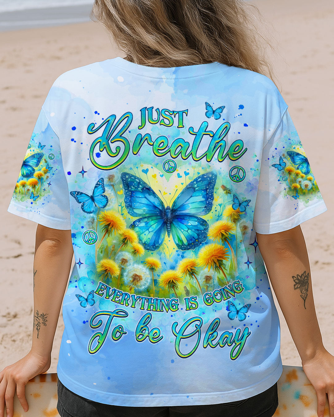 Just Breathe Everything is Going to Be Okay Butterfly Light Blue Design for Women AOP Shirts _4_ 7HzAu