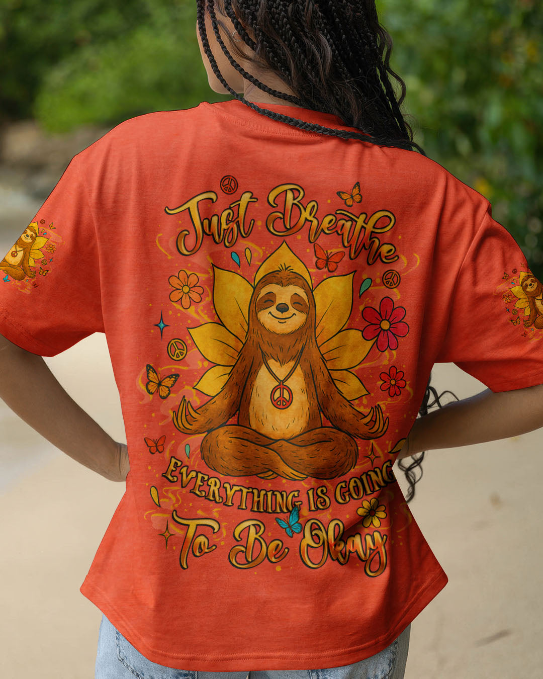 Just Breathe Everything is Going to Be Okay Peaceful Sloth Design with Flowers _26 Butterfly AOP Shirts _12_ TcqnA
