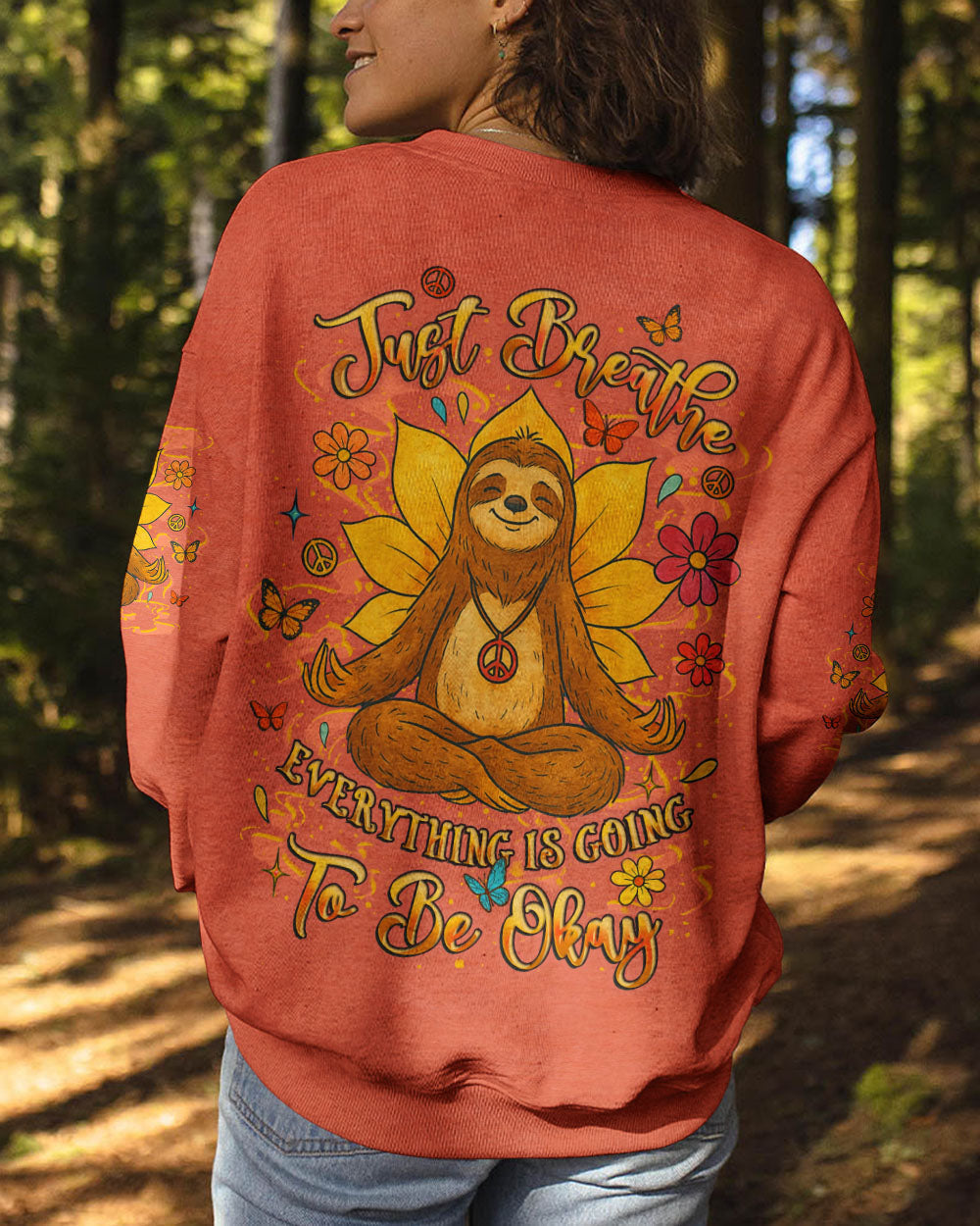 Just Breathe Everything is Going to Be Okay Peaceful Sloth Design with Flowers _26 Butterfly AOP Shirts _7_ THpoo