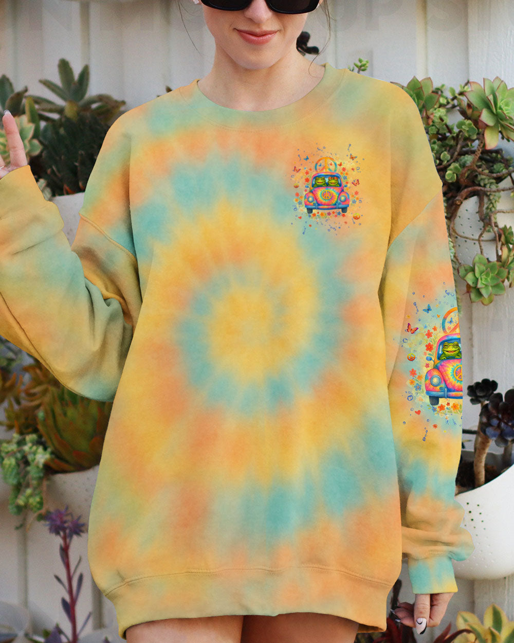Let the Good Vibes Roll Frog VW Bus Peaceful Tie Dye Graphic Tee for Women AOP Shirts _8_ 3tHtx
