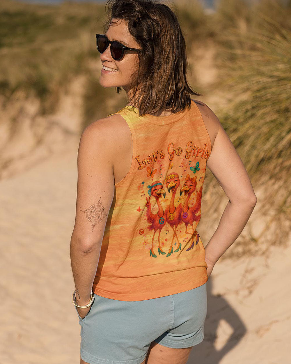 Let_E2_80_99s Go Girls Flamingo Peace and Love Orange Graphic Tee for Women AOP Shirts _13_ ShTRN
