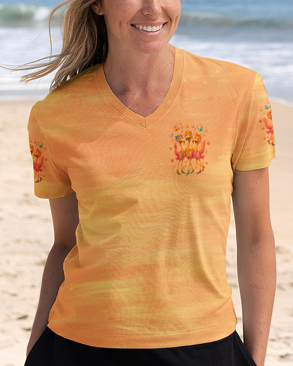 Let_E2_80_99s Go Girls Flamingo Peace and Love Orange Graphic Tee for Women AOP Shirts _4_ bw5Q6