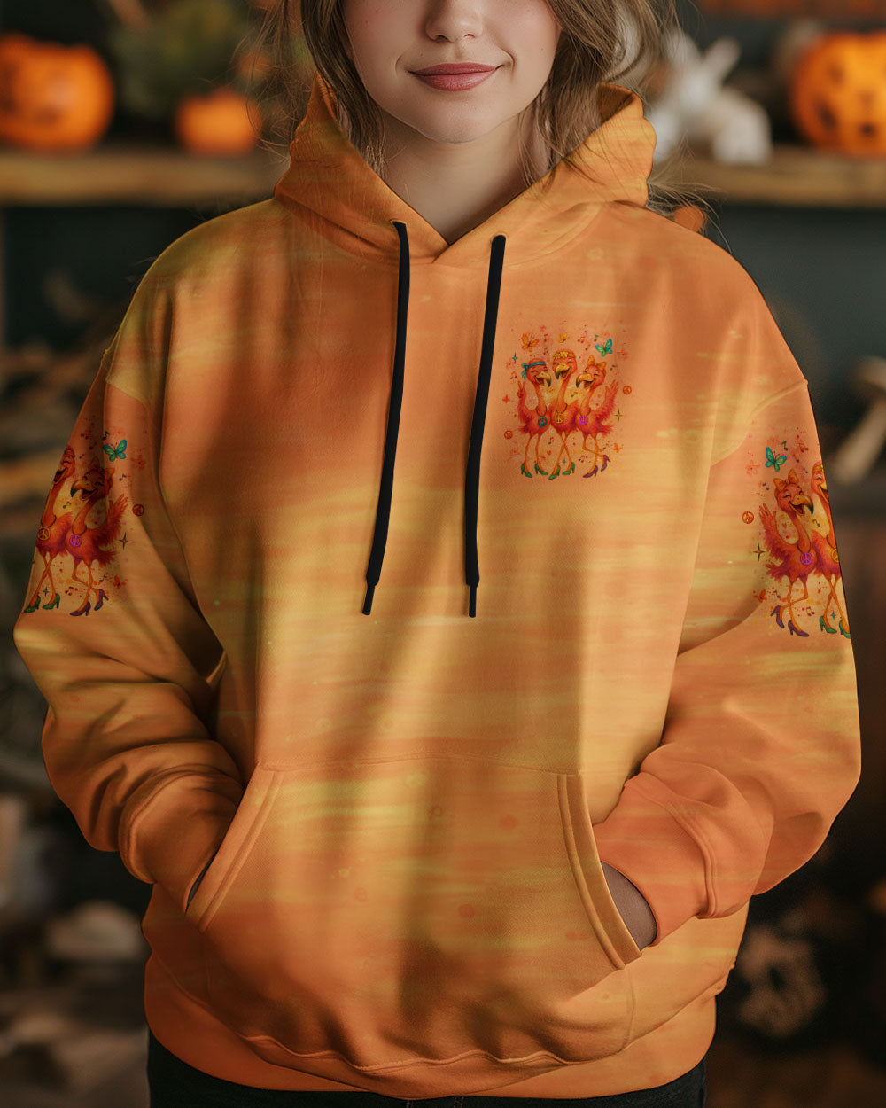 Let_E2_80_99s Go Girls Flamingo Peace and Love Orange Graphic Tee for Women AOP Shirts _6_ S54qh