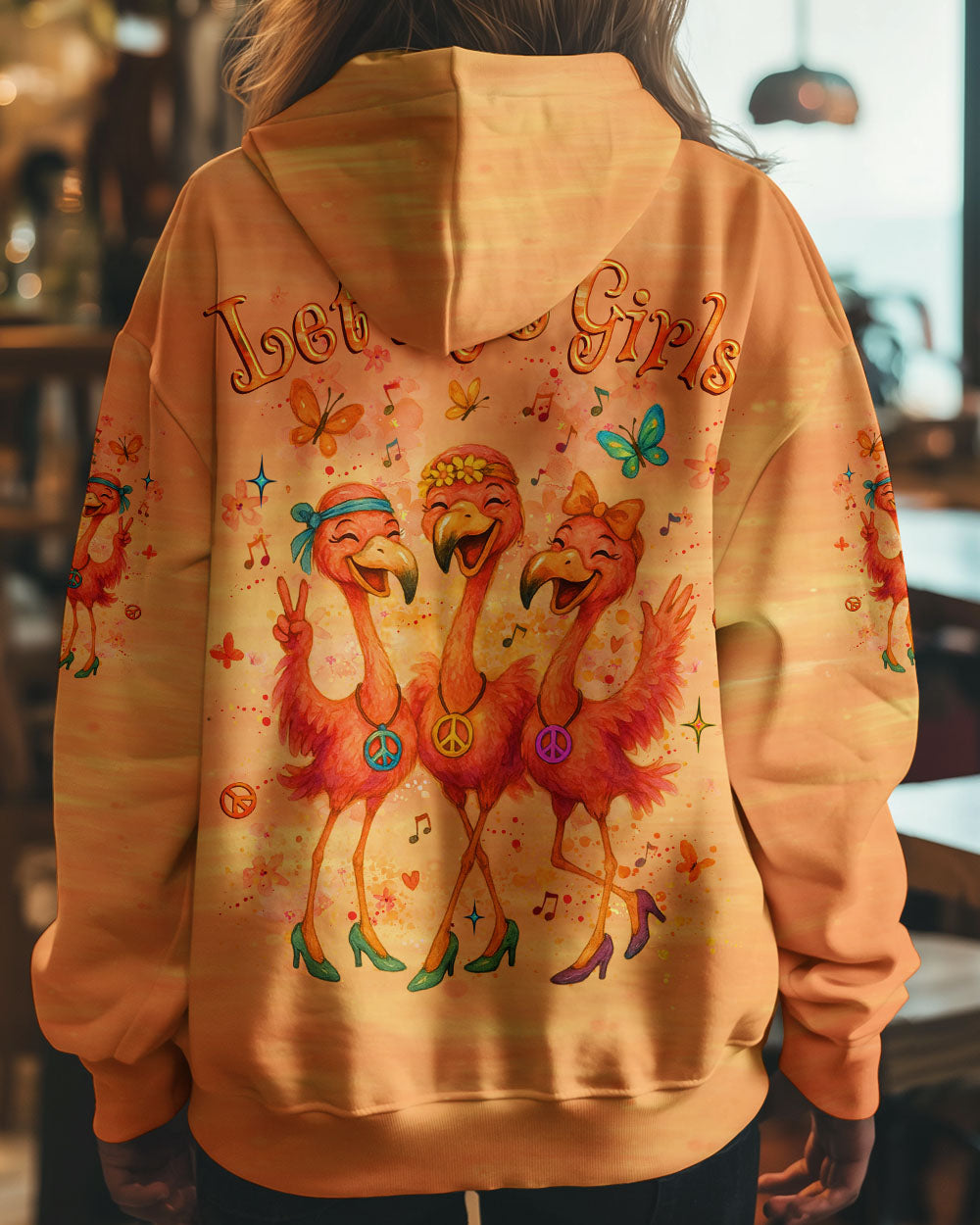Let_E2_80_99s Go Girls Flamingo Peace and Love Orange Graphic Tee for Women AOP Shirts _7_ bUPZS