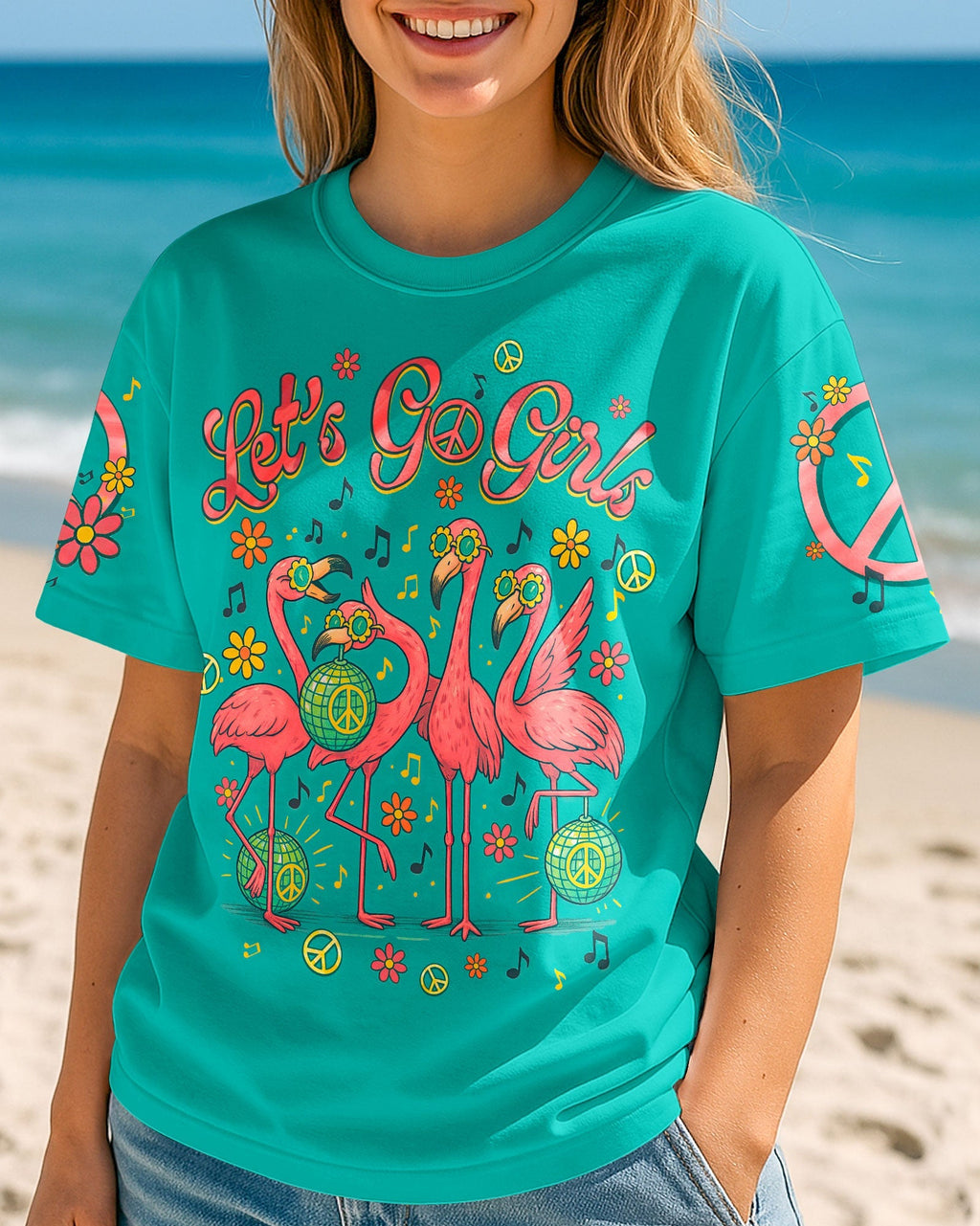 Let_E2_80_99s Go Girls Flamingo Peace and Retro Disco Graphic Tee for Women AOP Shirts _1_ M3XIc
