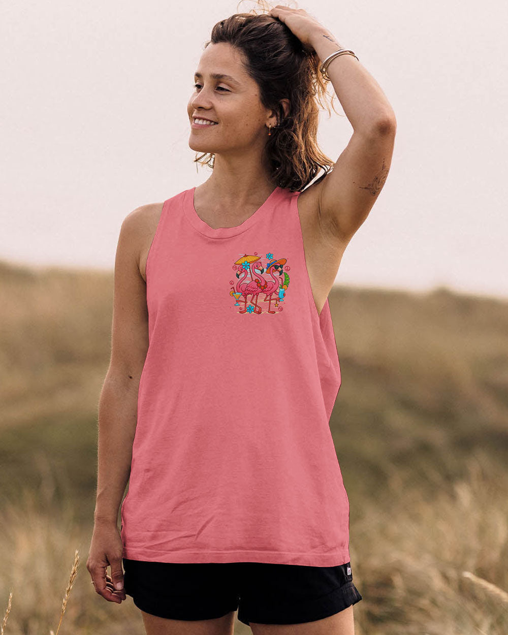 Lets Go Girls Flamingo and Cocktails Tropical Pink Beach Graphic Tee for Women AOP Shirts _13_ OSn5a
