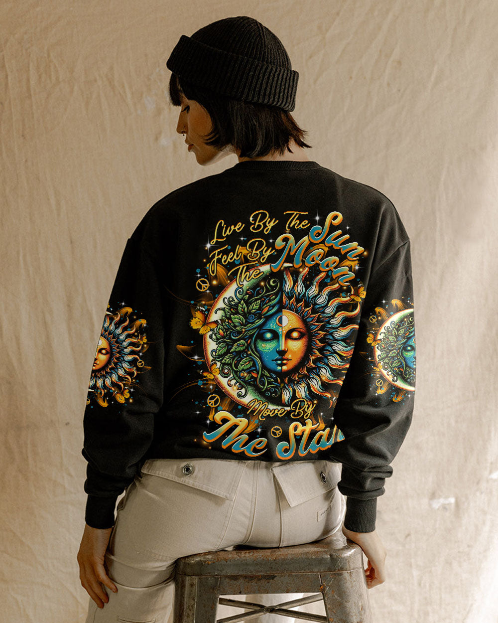 Live by the Sun Feel by the Moon Move by the Stars Celestial Moon and Sun AOP Shirts _9_ R9UL1