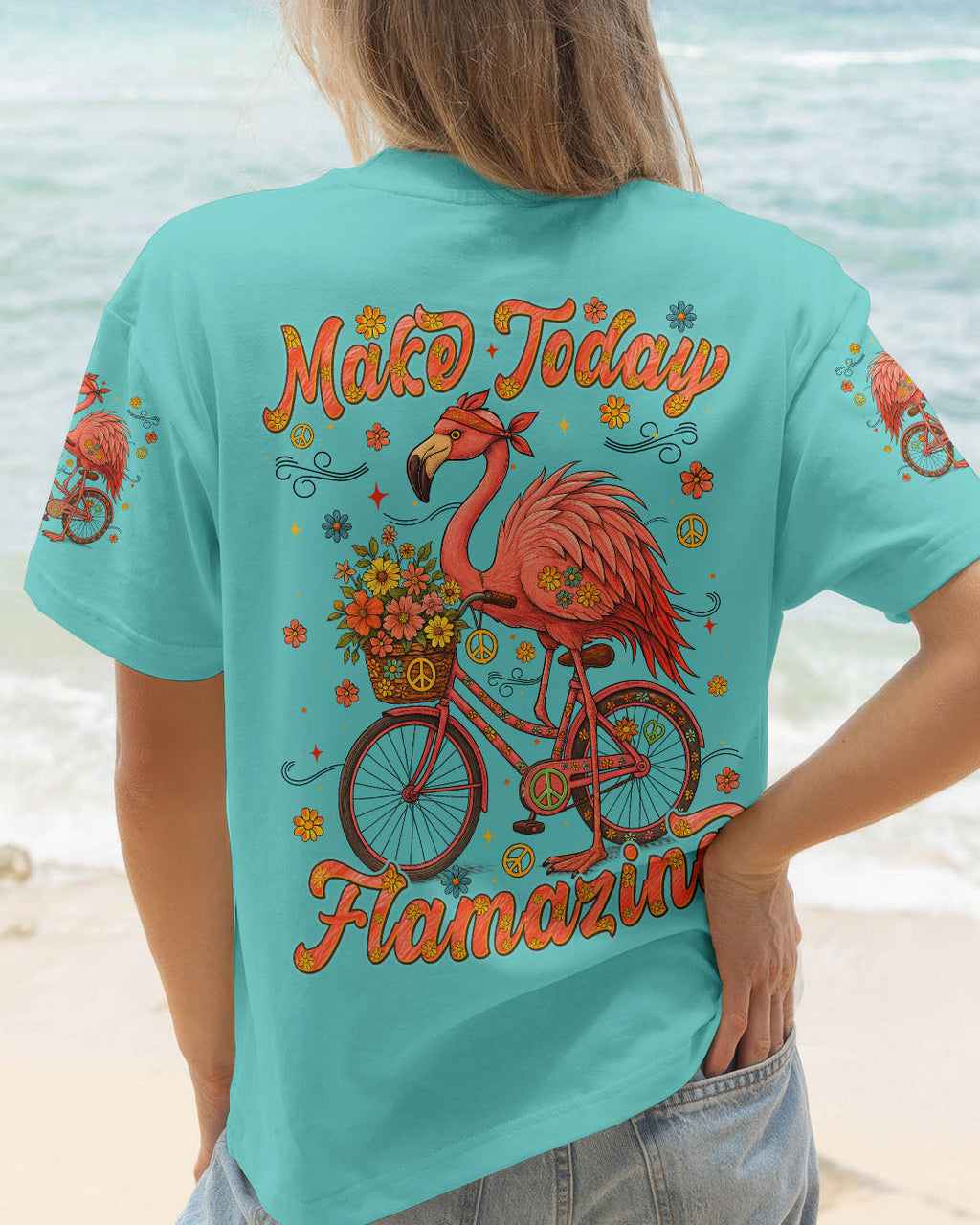 Make Today Flamazing Flamingo Fun Bike Graphic Tee with Flowers _26 Peace Design for Women AOP Shirts _1_ JqDly