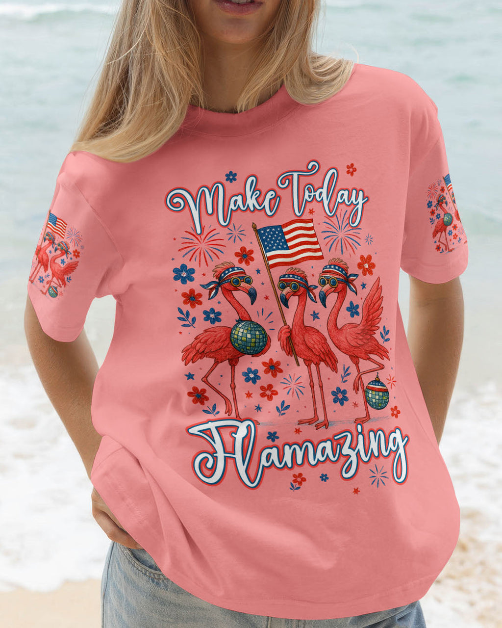 Make Today Flamazing Flamingo Patriotic Graphic Tee with Fireworks _26 USA Flag for Women Tshirt AOP Shirts _1_ dnUJi