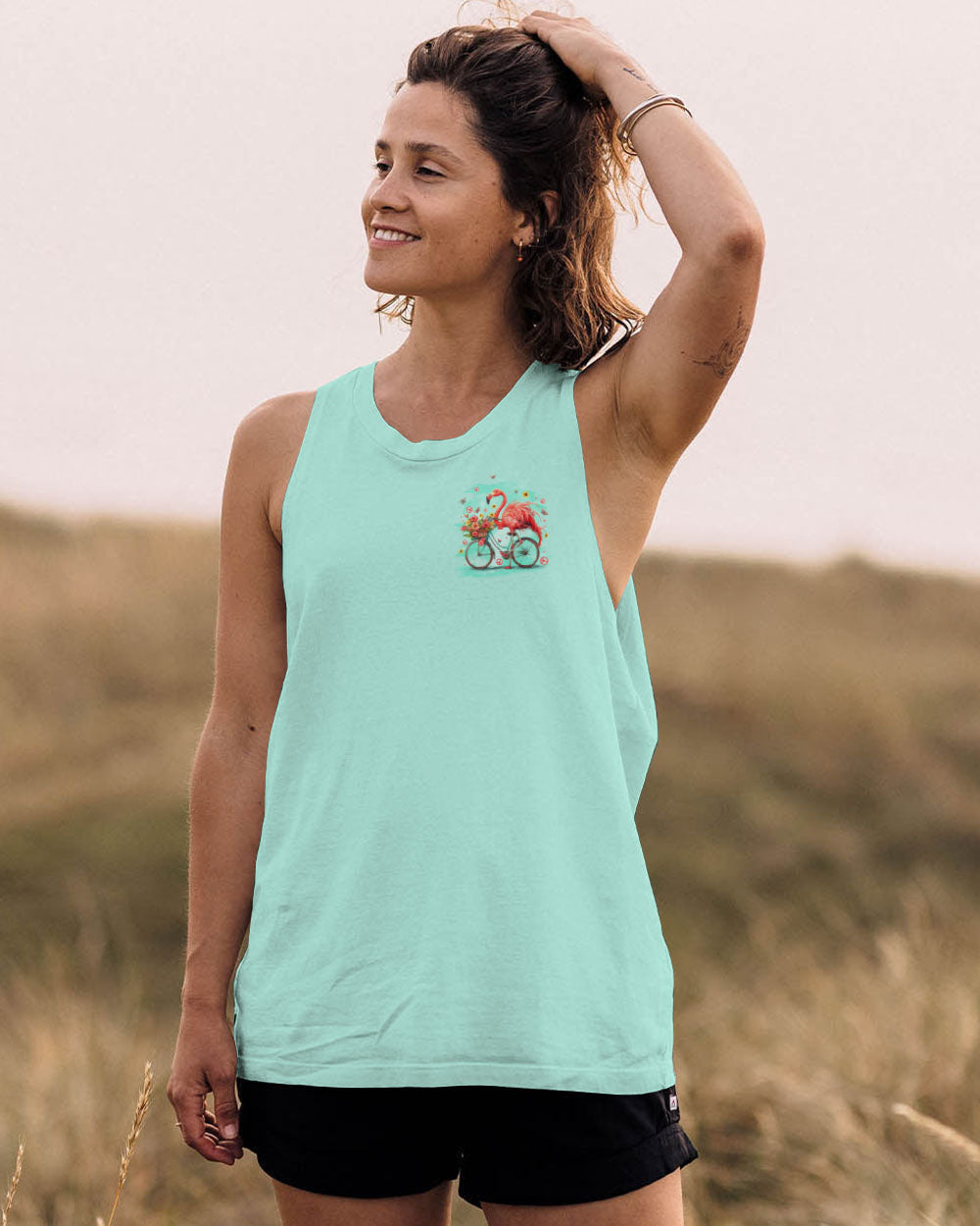 Make Today Flamazing Flamingo on Bicycle with Flower Graphic for Women AOP Shirts _12_ YrINz