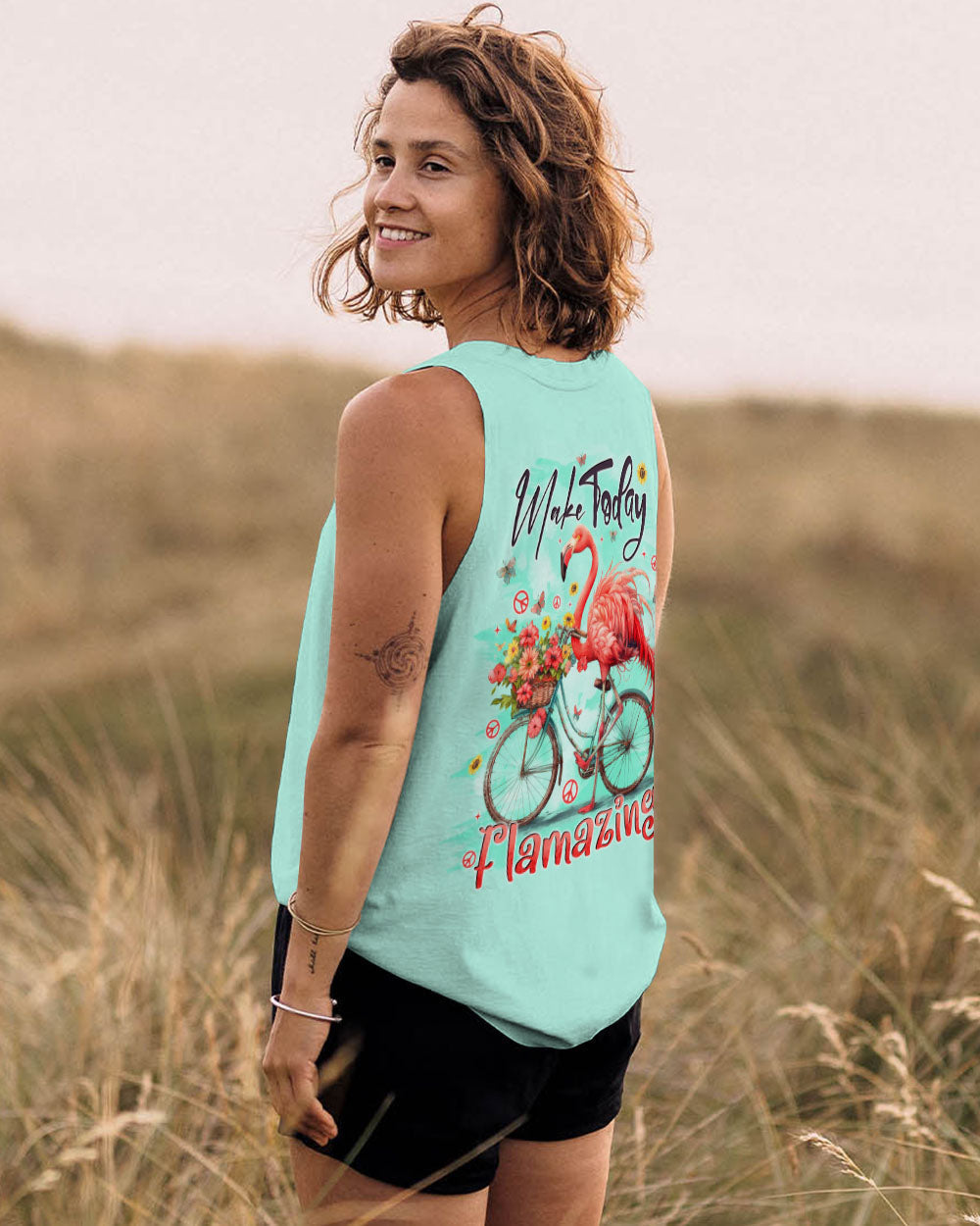 Make Today Flamazing Flamingo on Bicycle with Flower Graphic for Women AOP Shirts _13_ NbmQf