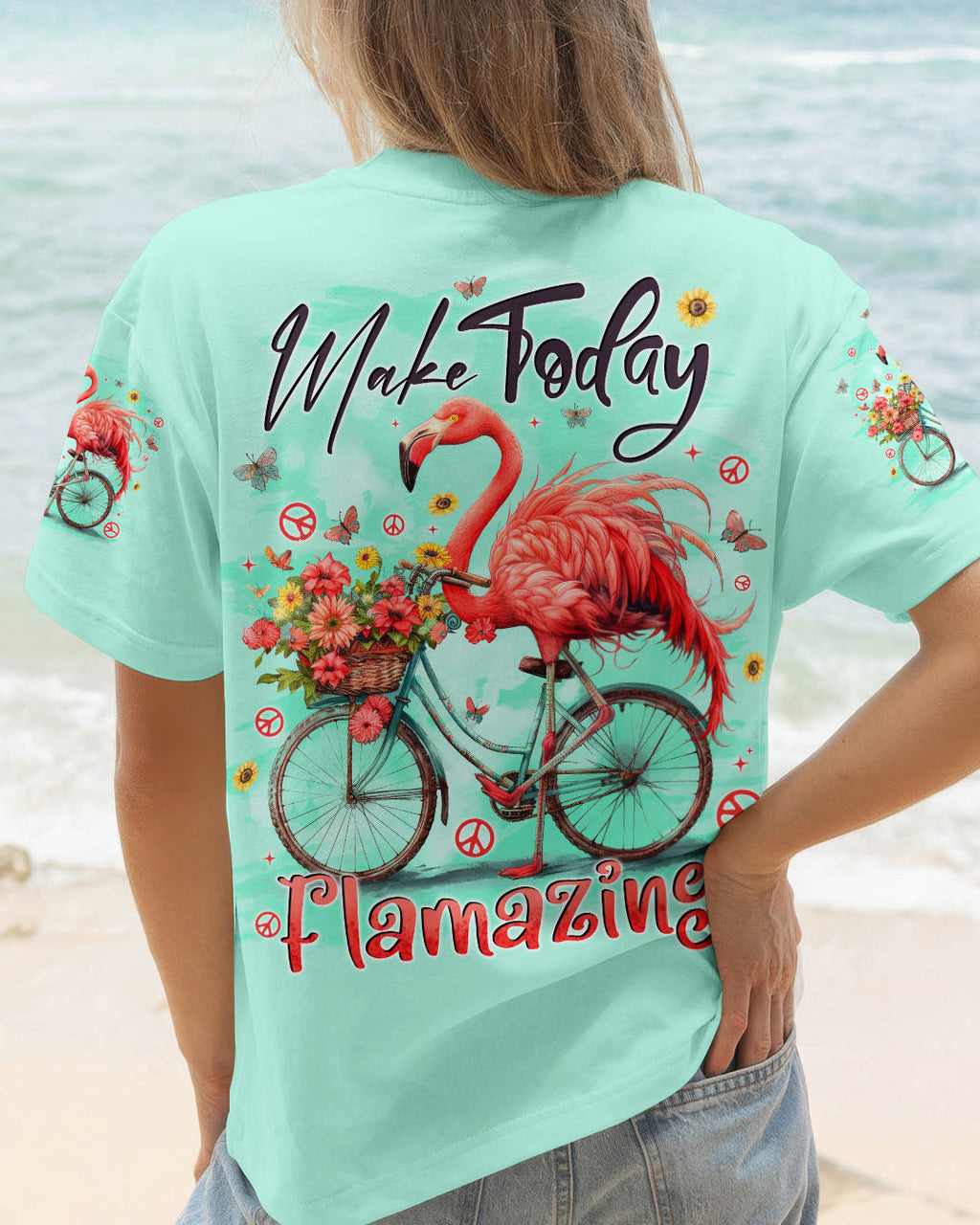Make Today Flamazing Flamingo on Bicycle with Flower Graphic for Women AOP Shirts _1_ daz6W
