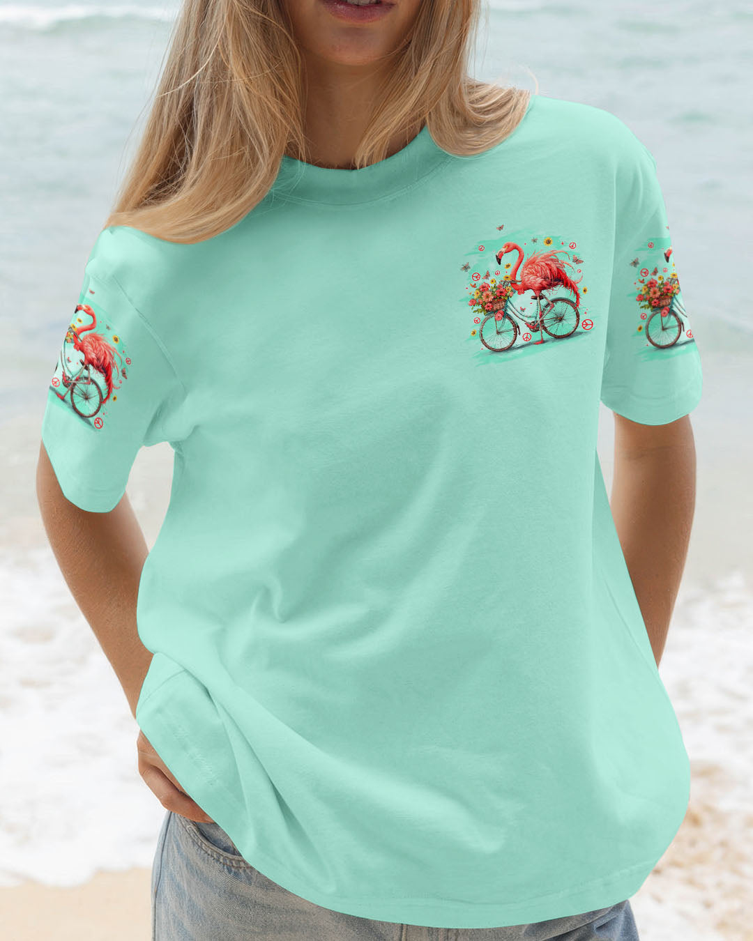 Make Today Flamazing Flamingo on Bicycle with Flower Graphic for Women AOP Shirts _2_ ORo6D