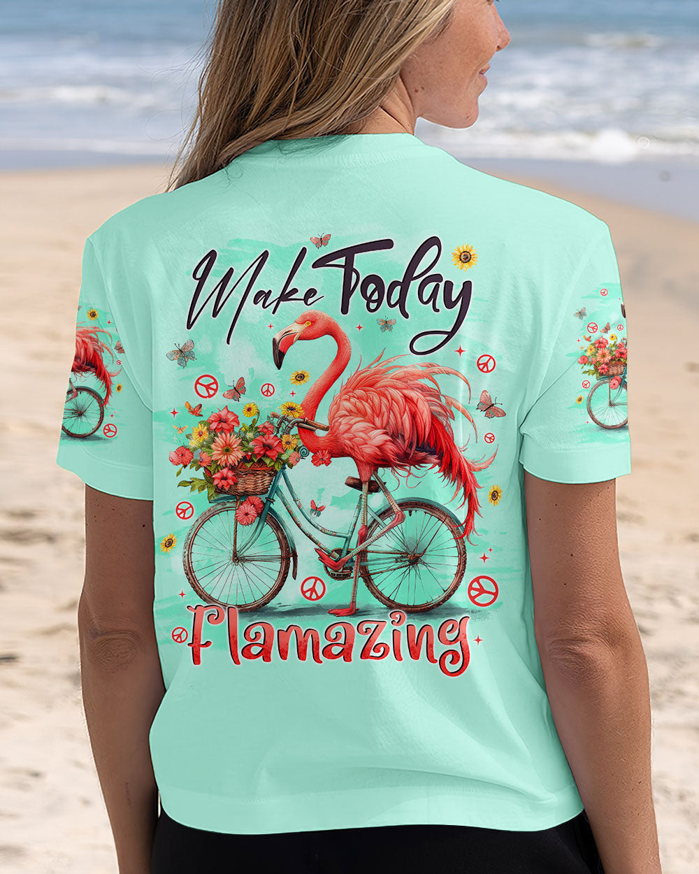 Make Today Flamazing Flamingo on Bicycle with Flower Graphic for Women AOP Shirts _5_ DVvb6