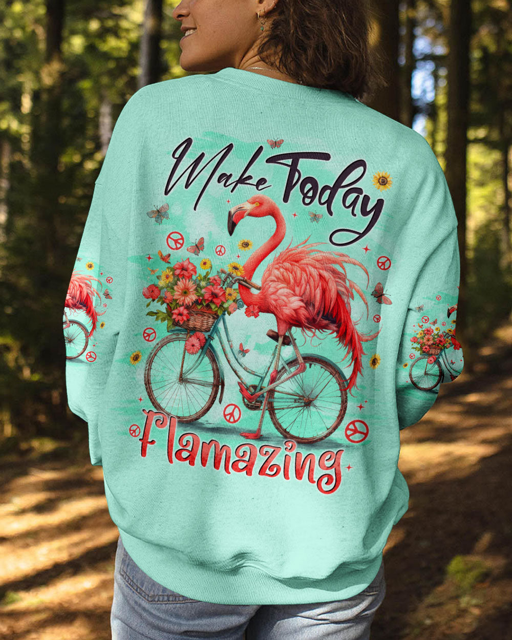Make Today Flamazing Flamingo on Bicycle with Flower Graphic for Women AOP Shirts _9_ sxWlh