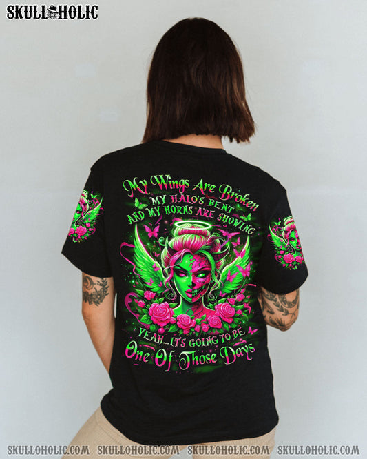 My Wings Are Broken One of Those Days Gothic Angel and Devil Neon Green Roses AOP Shirts _10_ bhNgA