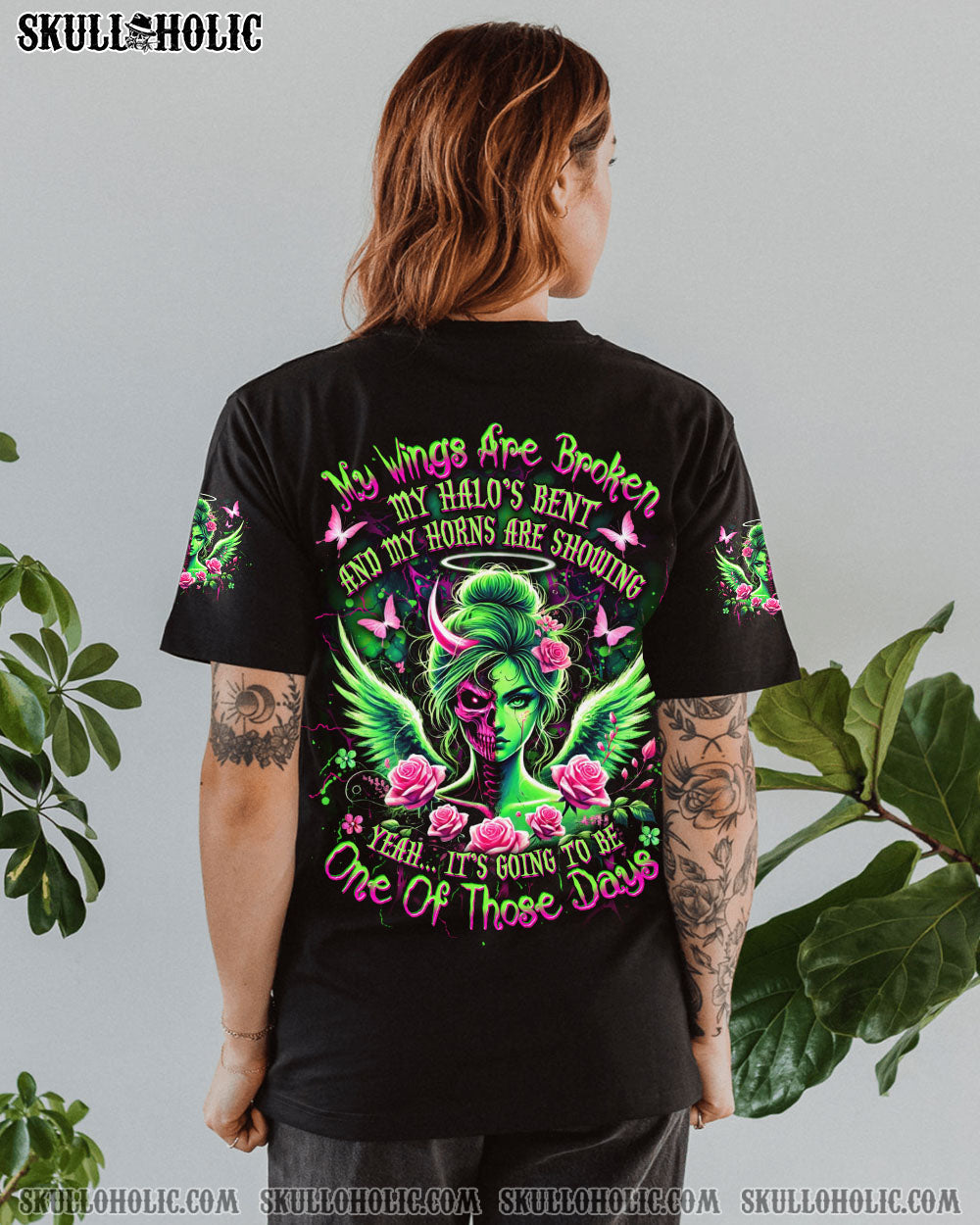 My Wings are Broken One of Those Days Neon Skull Girl Gothic Graphic AOP Shirts _10_ 8b8rh