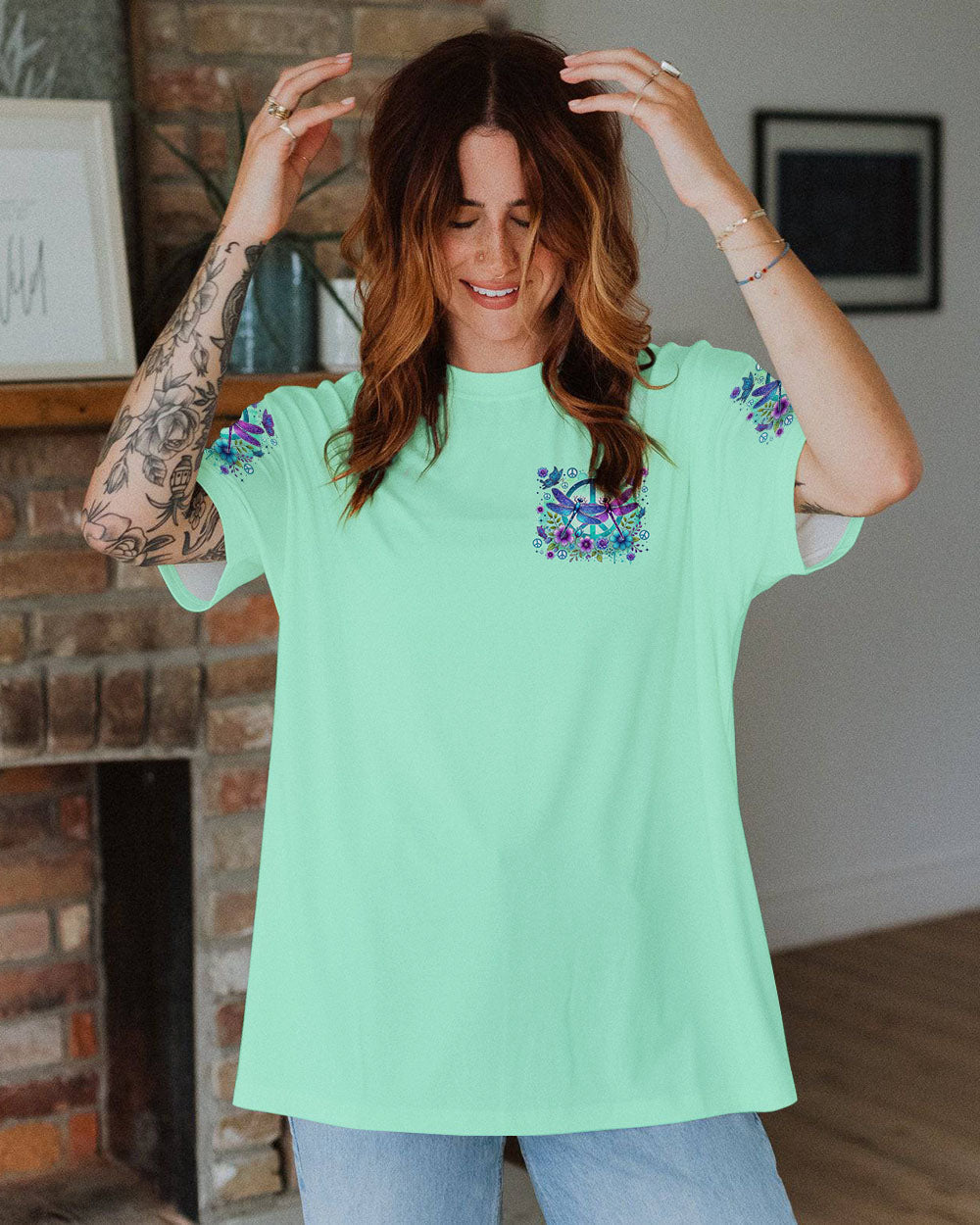 Never Get Old or Go Out of Style Kindness Dragonfly and Peace Sign Graphic AOP Shirts _2_ Zh3vL