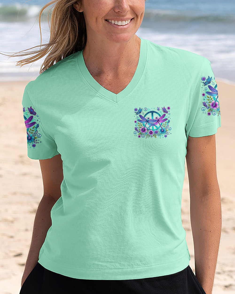 Never Get Old or Go Out of Style Kindness Dragonfly and Peace Sign Graphic AOP Shirts _4_ dsTpW