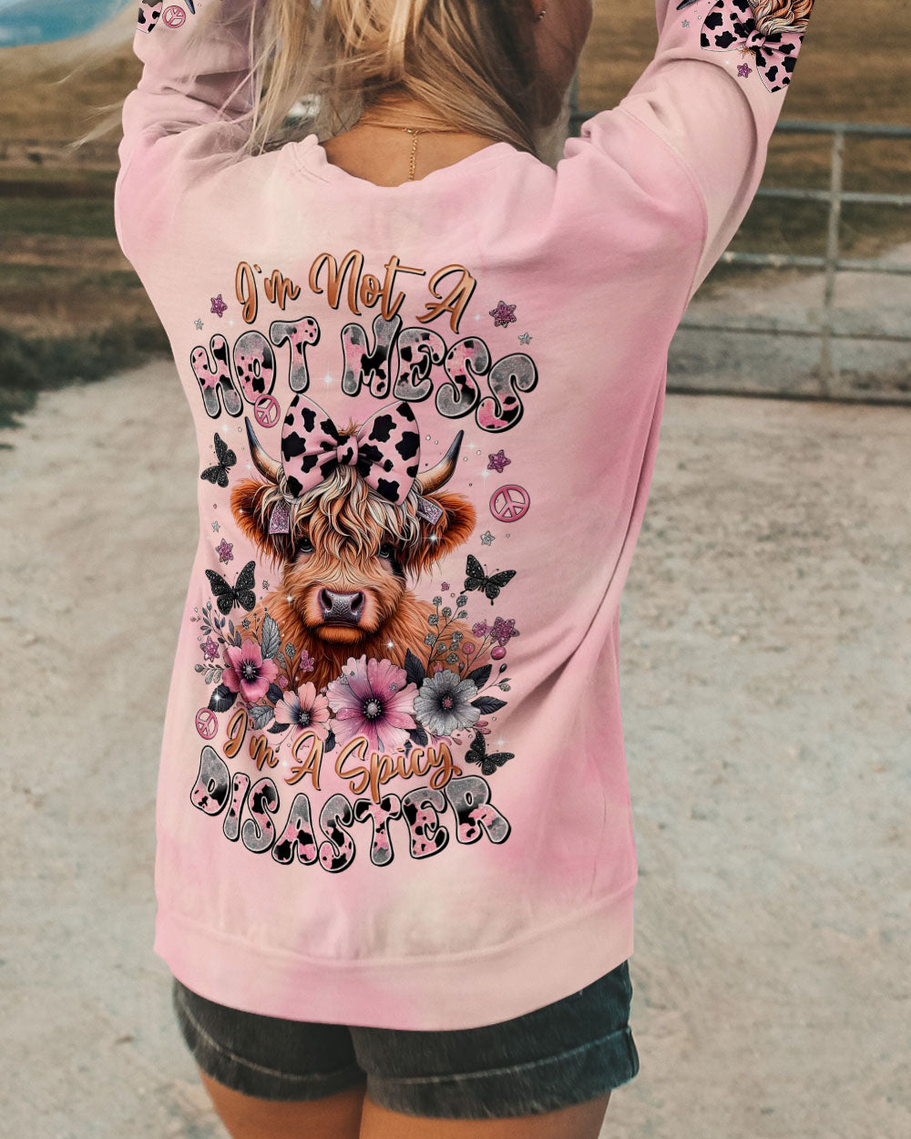 Not a Hot Mess Im A Spicy Disaster Cute Cow Design with Flowers _26 Butterflies AOP Shirts _7_ Boqth