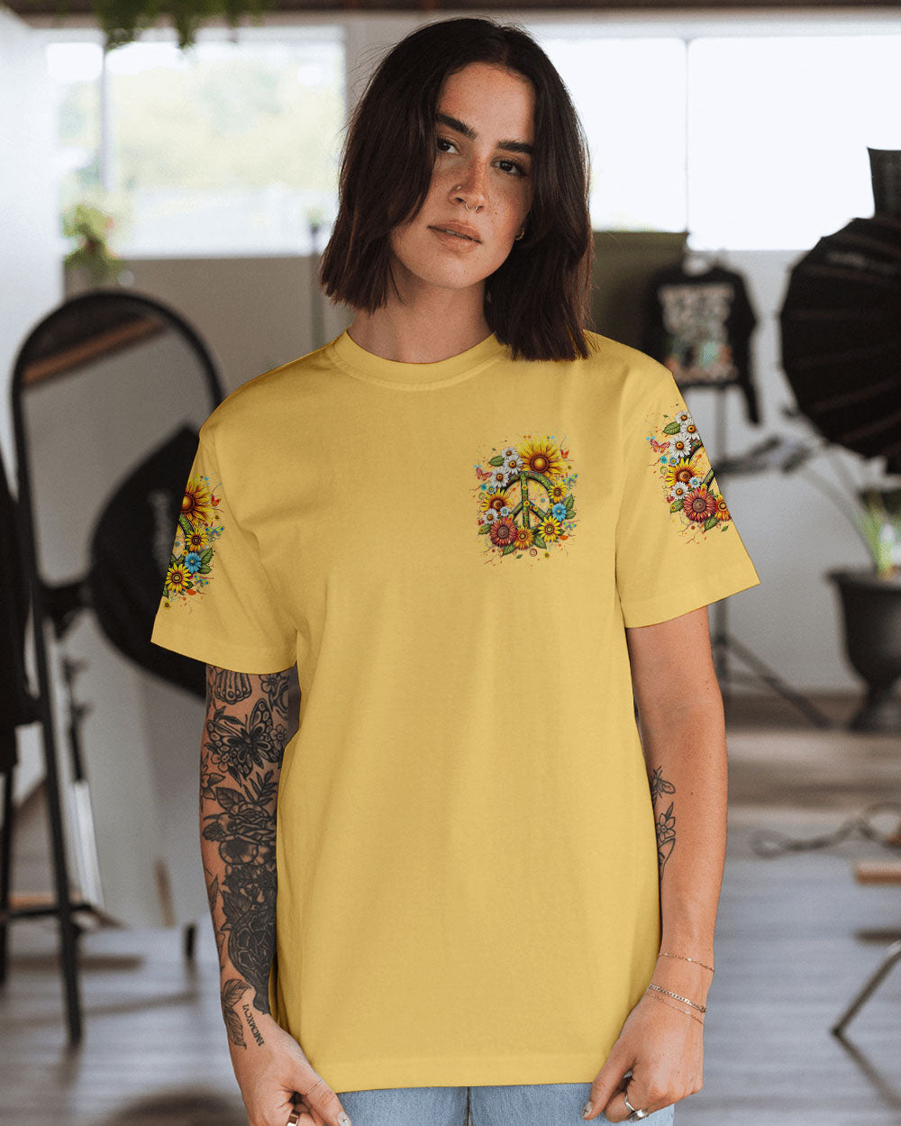 Old Hippies Into Crazy Grandmas Funny Sunflower Peace Sign AOP Shirts _13_ 0MtWz