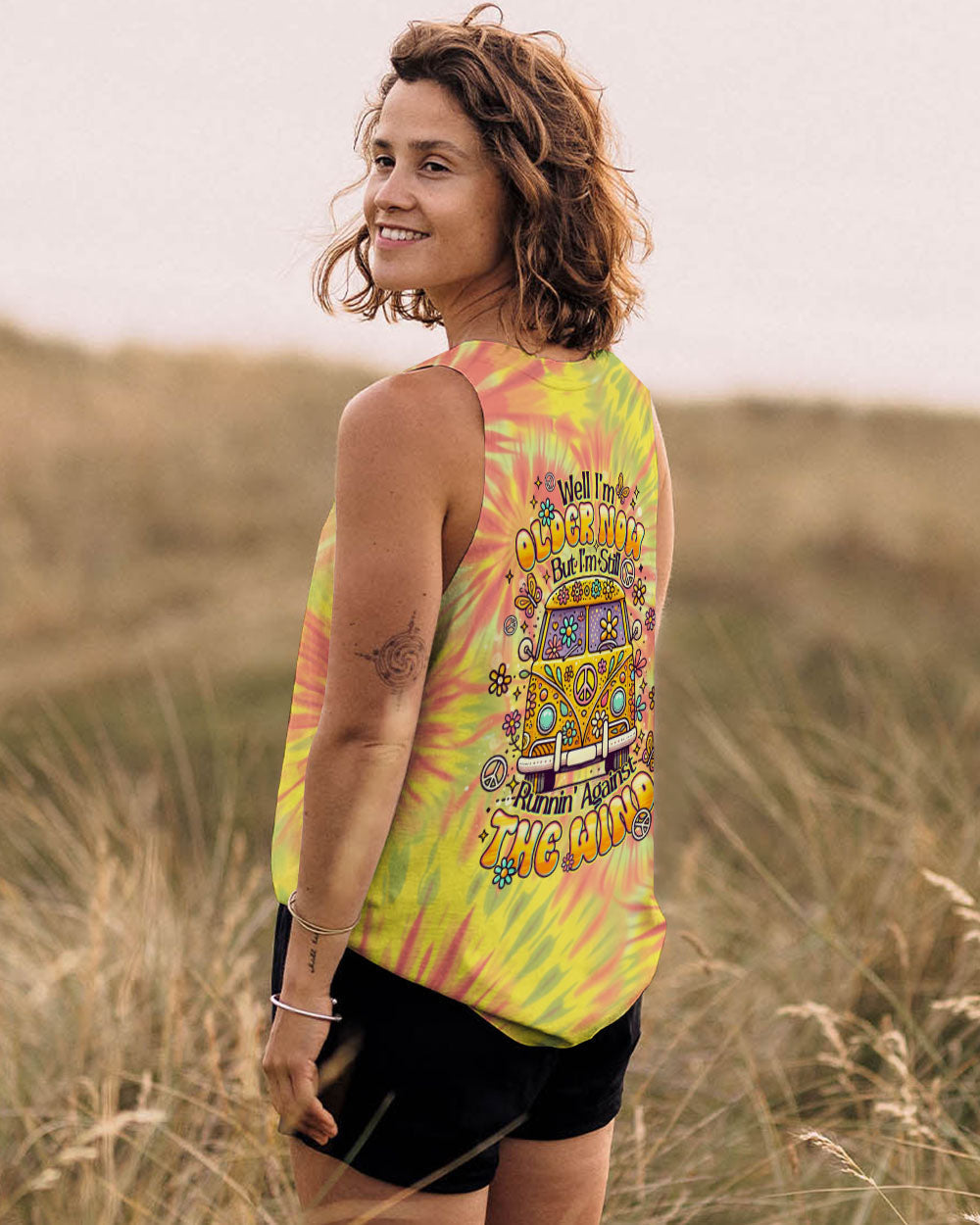 Older Now But I_E2_80_99m Still Runnin_E2_80_99 Against the Wind Yellow Tie Dye Hippie Van Design AOP Shirts _13_ IvJmW