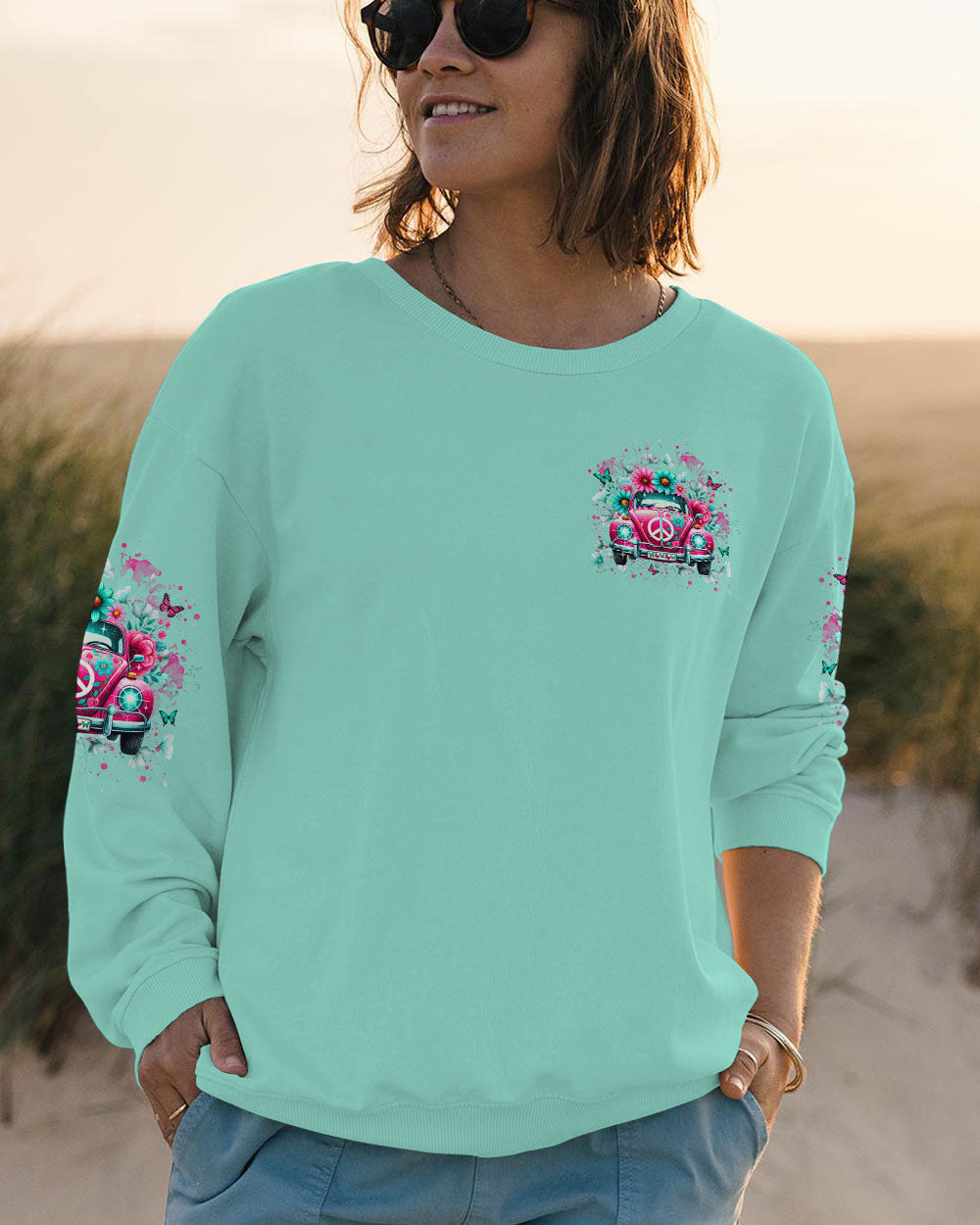 Older Now But Im Still Running Against the Wind Pink VW Bug Flowers Hippie AOP Shirts _3_ Ia6yz