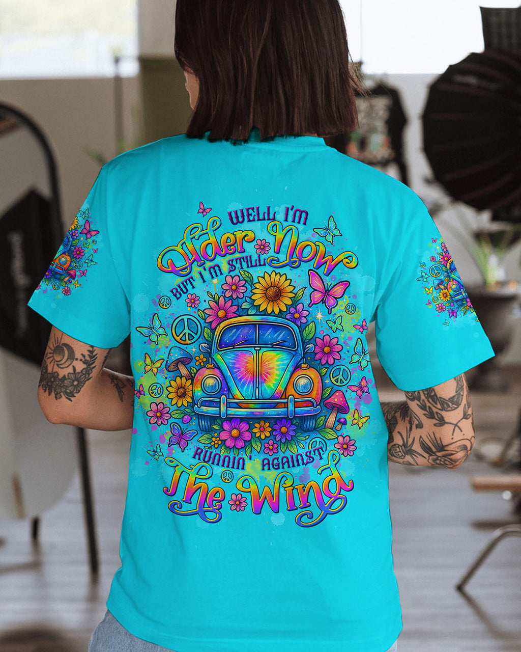 Older Now Runnin_E2_80_99 Against the Wind Psychedelic Tie Dye Car Graphic for Women AOP Shirts _1_ 5AUSm