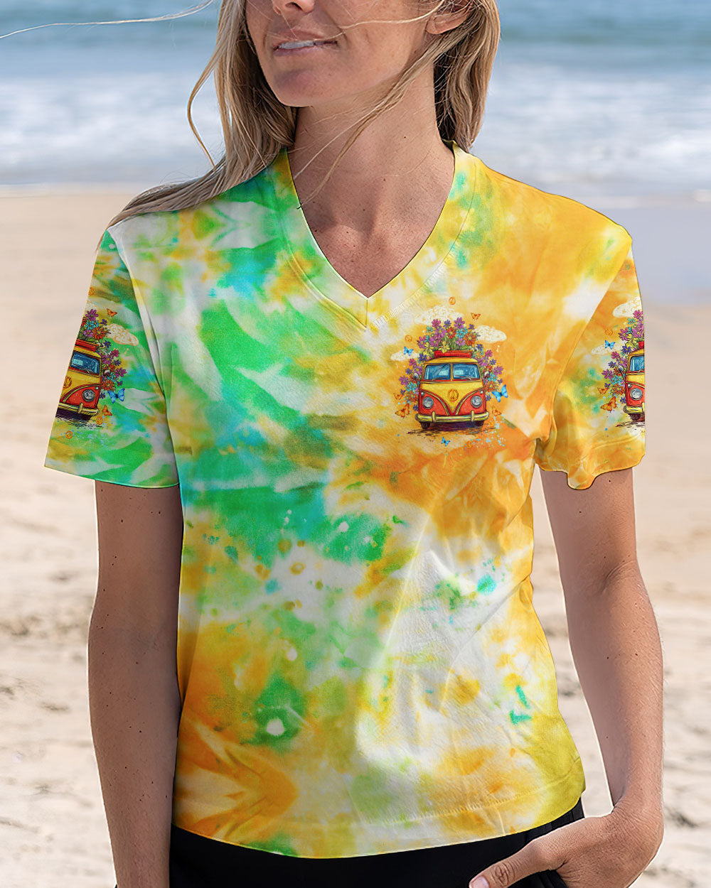 On a Dark Desert Highway Cool Wind in My Hair Tie Dye Retro Hippie Van AOP Shirts _4_ yjjRt