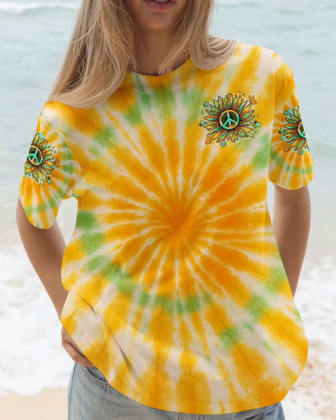 Peace Yall Sunflower Tie Dye Boho Style with Retro Vibes and Hippie Peace Sign AOP Shirts _13_ cvHZL