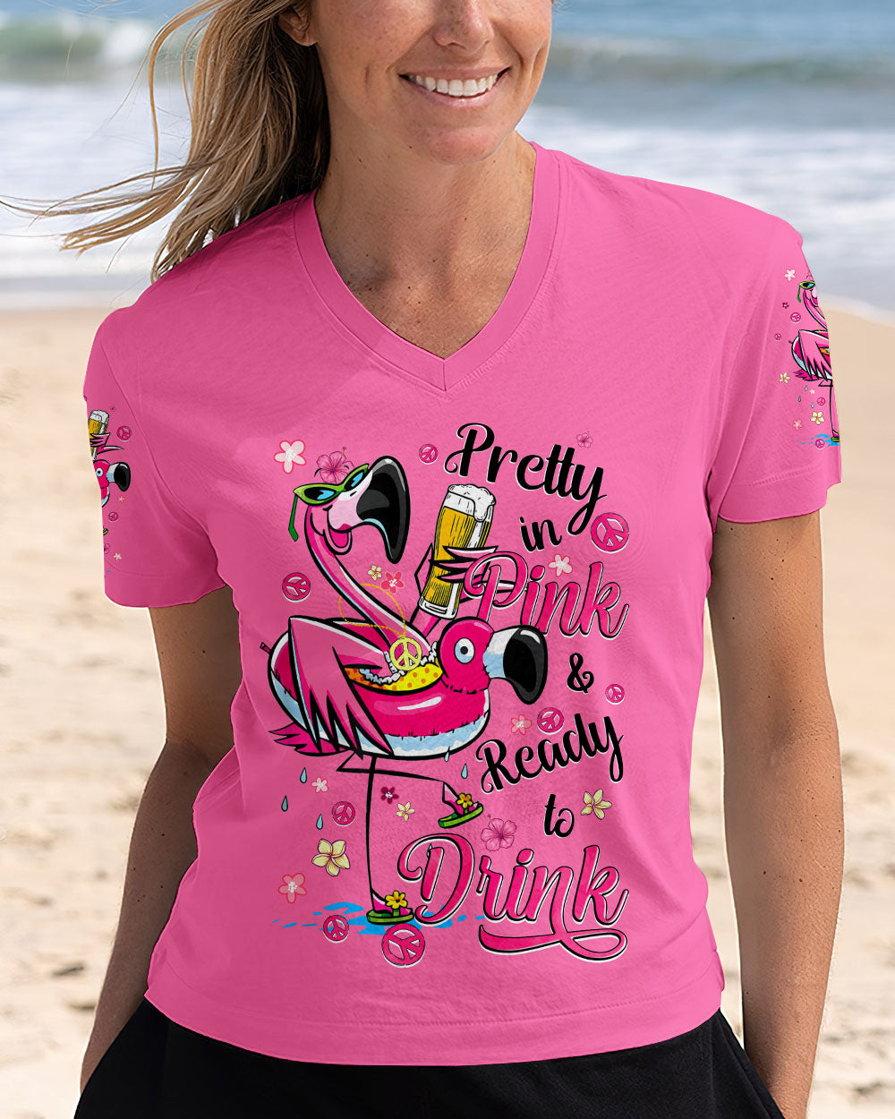 Pretty in Pink Flamingo Ready to Drink Funny Summer Beach Tee for Women AOP Shirts _2_ 7IYOK