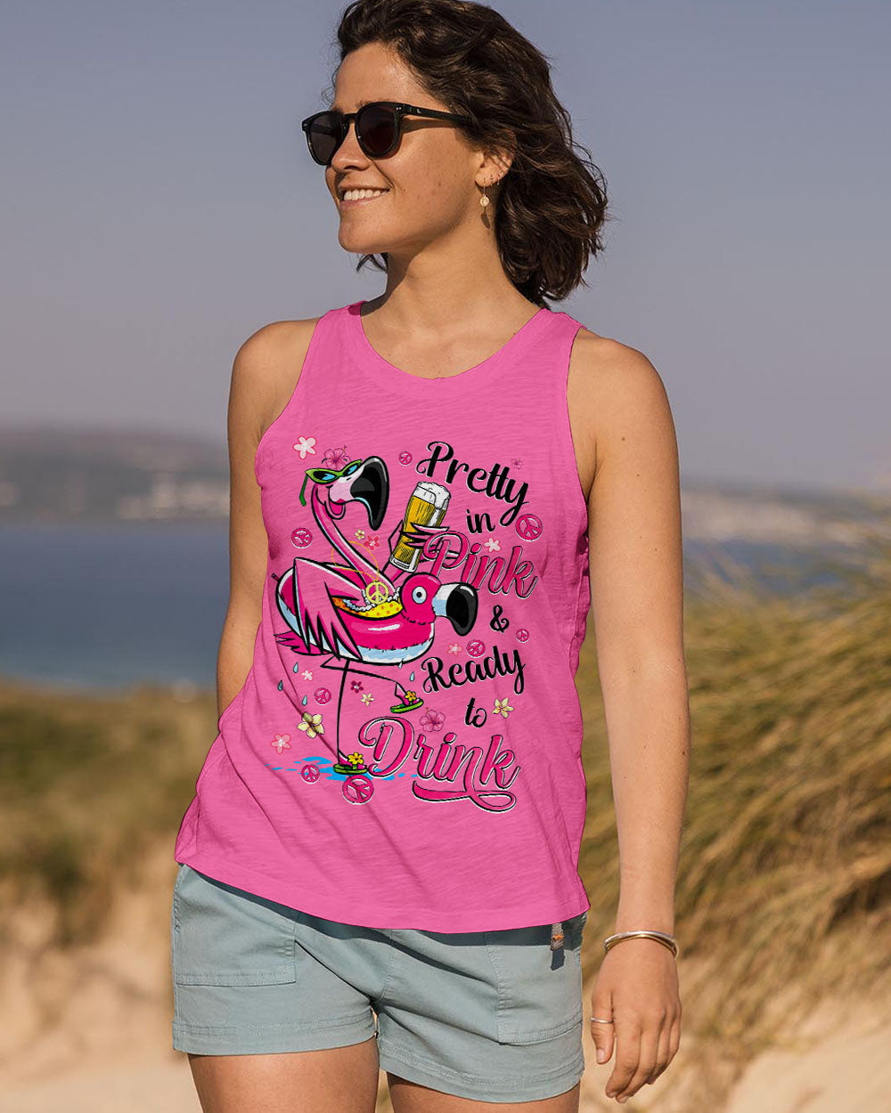 Pretty in Pink Flamingo Ready to Drink Funny Summer Beach Tee for Women AOP Shirts _7_ n7zCq